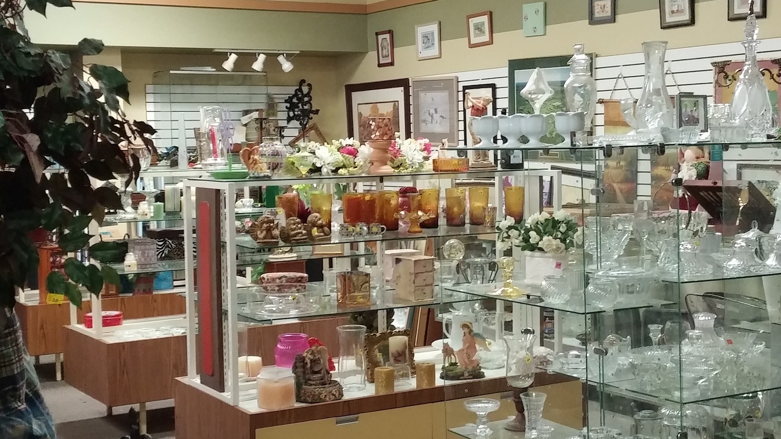 Glass display cases filled with small collectibles and decor