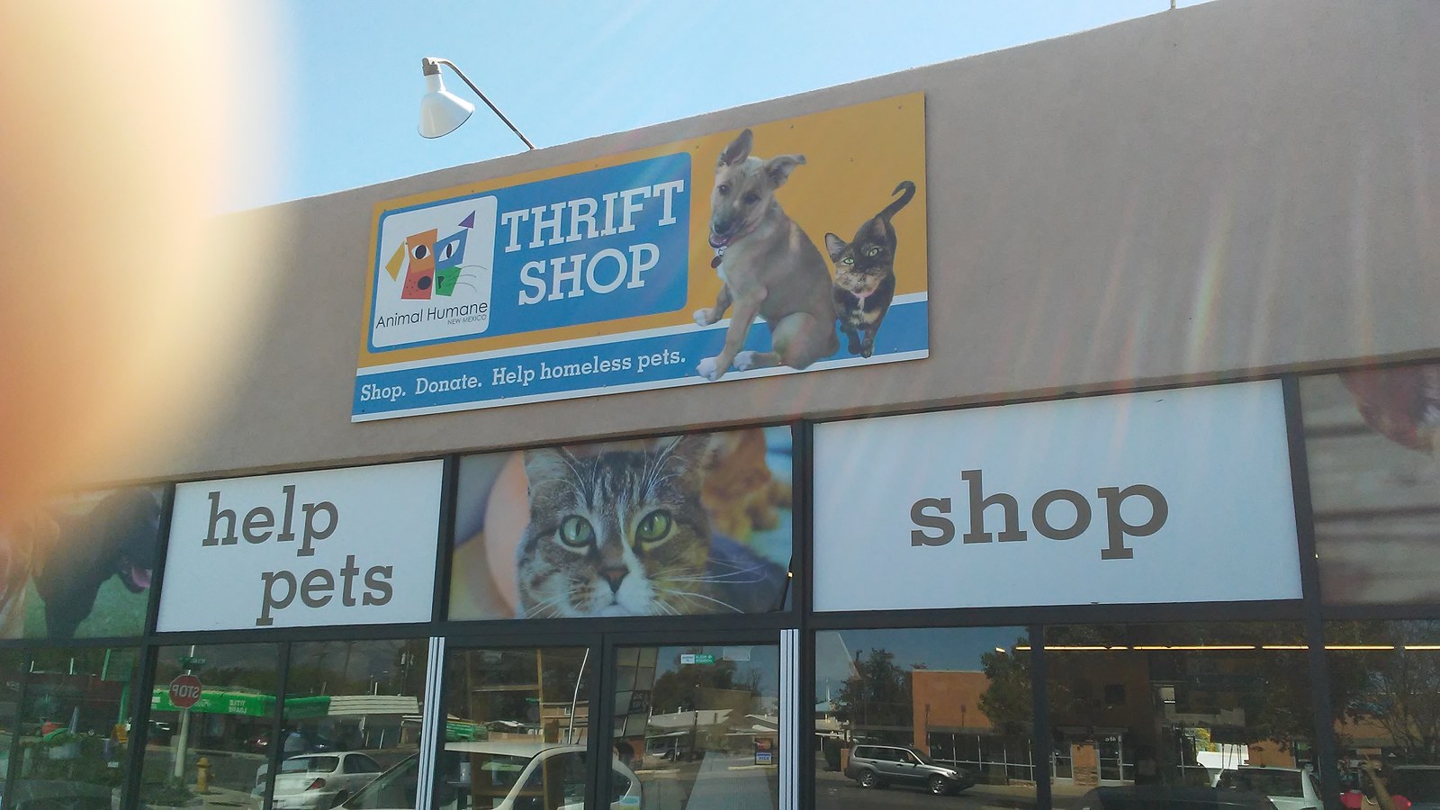 Help pets and shop signs across the Animal Humane thrift storefront