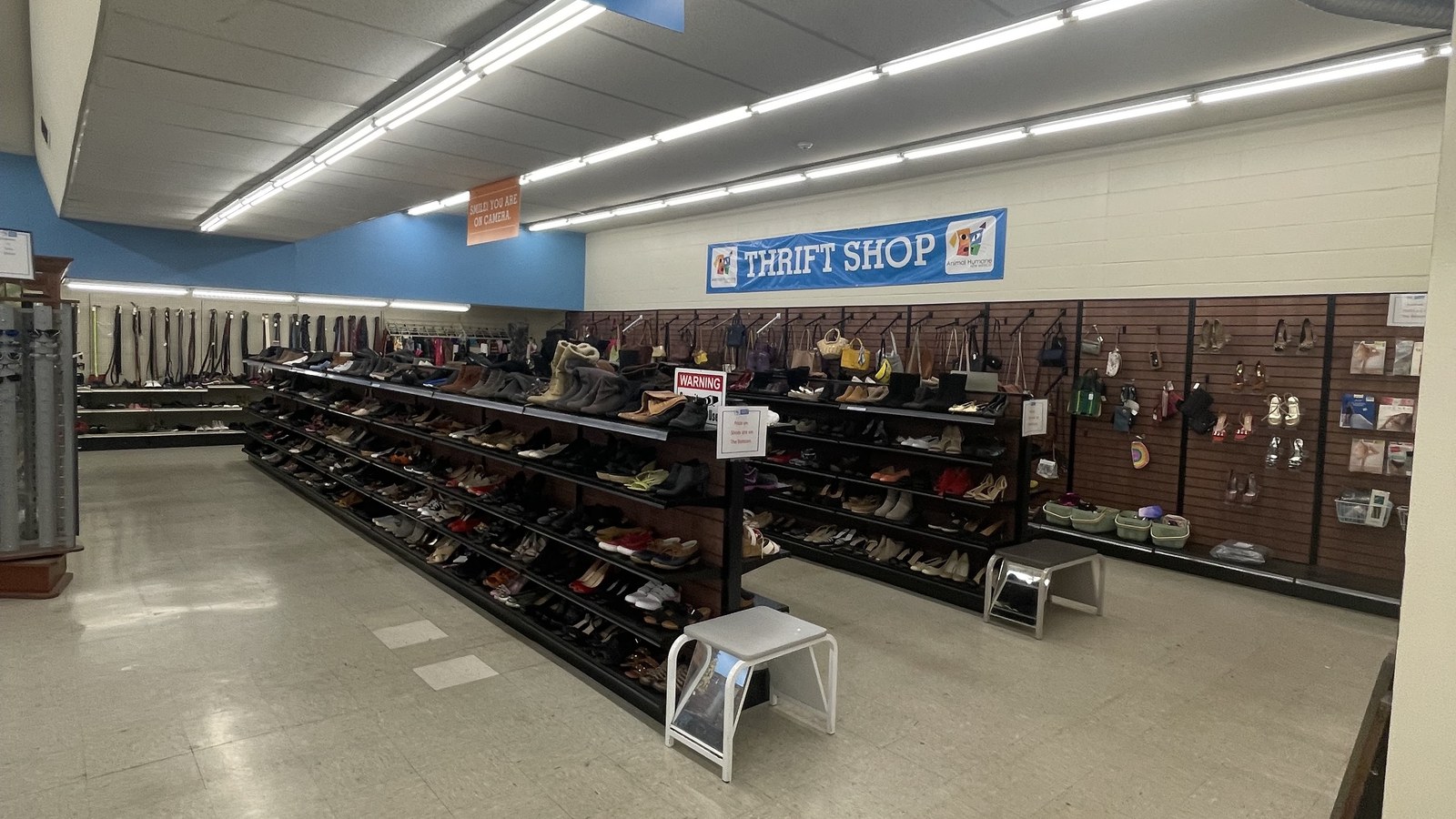 Spacious shoe department beneath the Animal Humane Thrift Shop sign