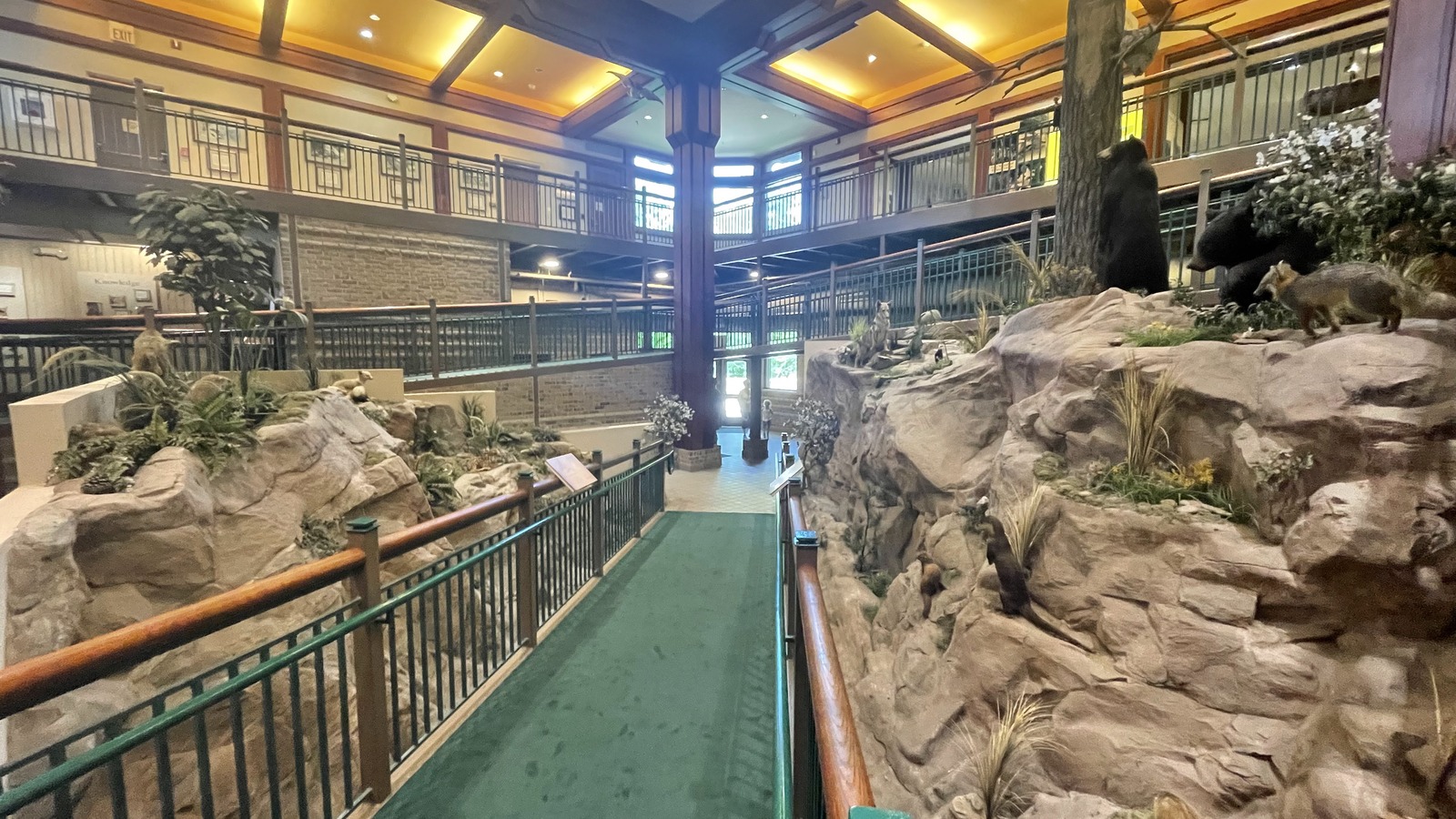 Interior exhibits and walkways inside the Jane Hurt Yarn Interpretive Center at Tallulah Gorge State Park.