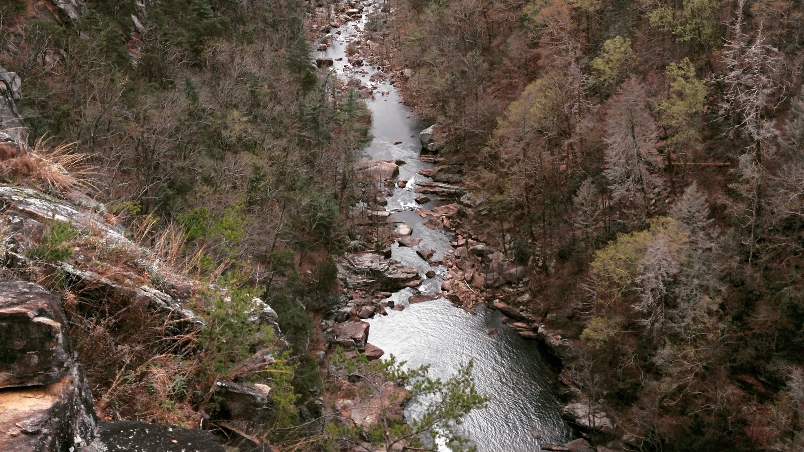 Tallulah River winding through the gorge below the rim at Tallulah Gorge State Park.