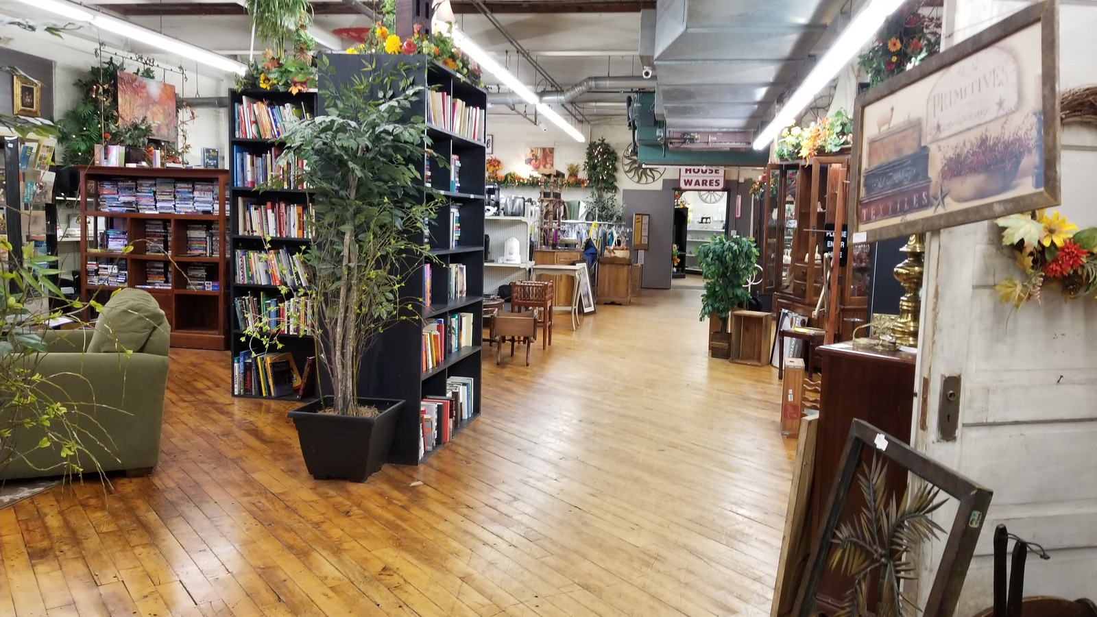 Bookshelves, framed art, plants, and furniture at Jubilee Thrift Store