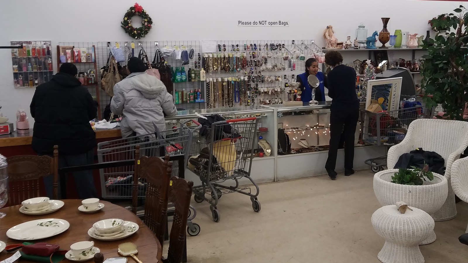 Jewelry displays and home decor near the center of the Waterbury store