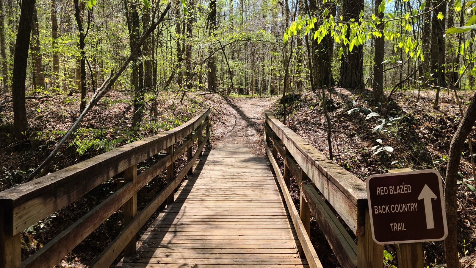 Wooden bridge and red blaze sign at the start of the backcountry route in Providence Canyon State Park.