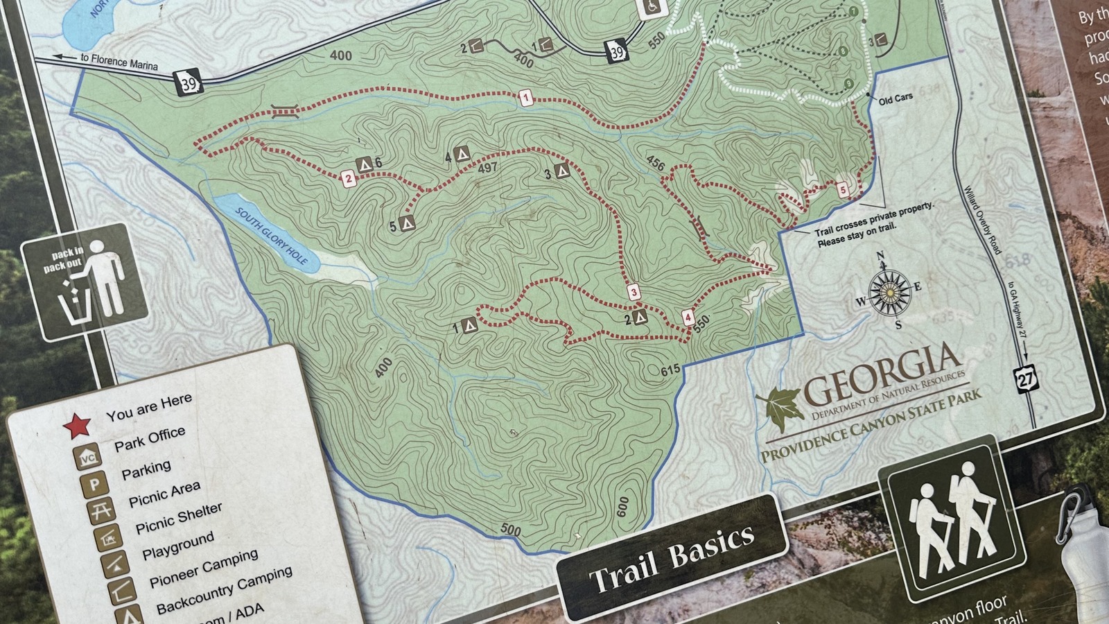 Trail map showing the loop and backcountry routes at Providence Canyon State Park.