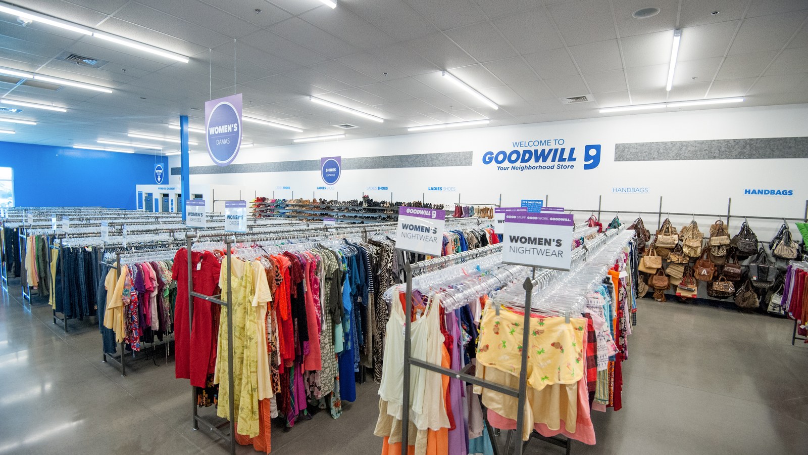 Colorful clothing racks inside Goodwill on Raintree Drive in Scottsdale