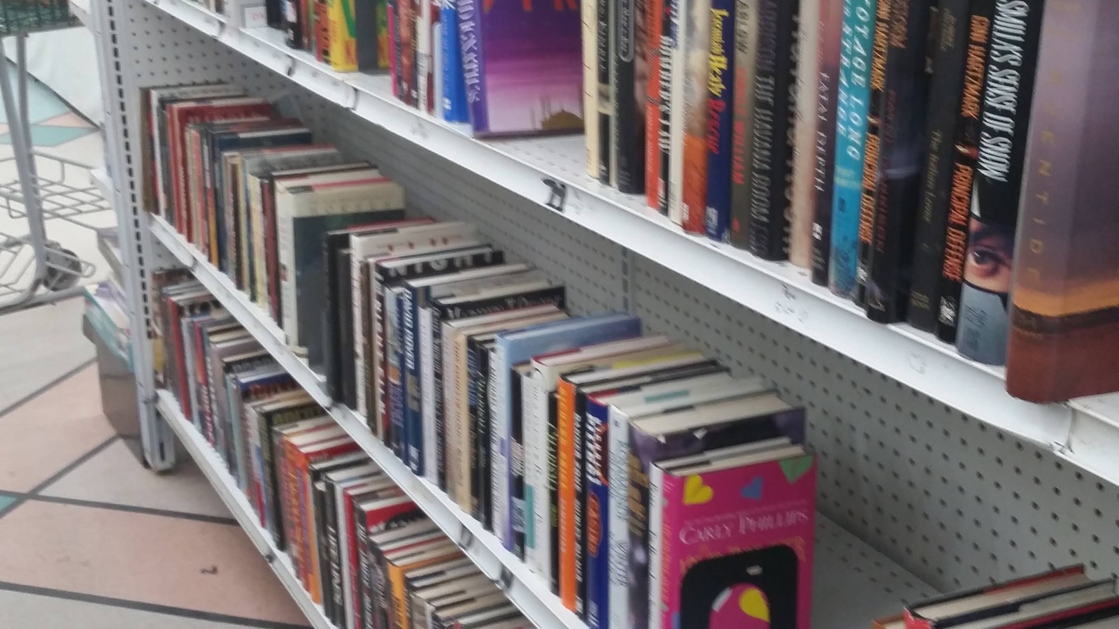 Colorful hardbacks and paperbacks lined up on low book shelves