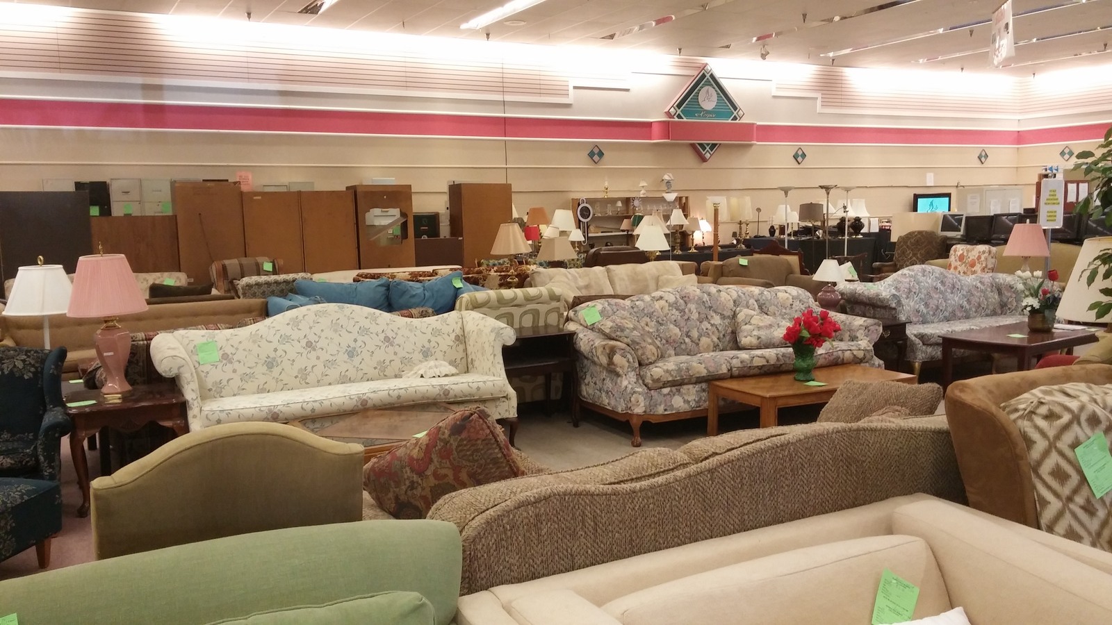 Patterned sofas and upholstered chairs in the furniture section