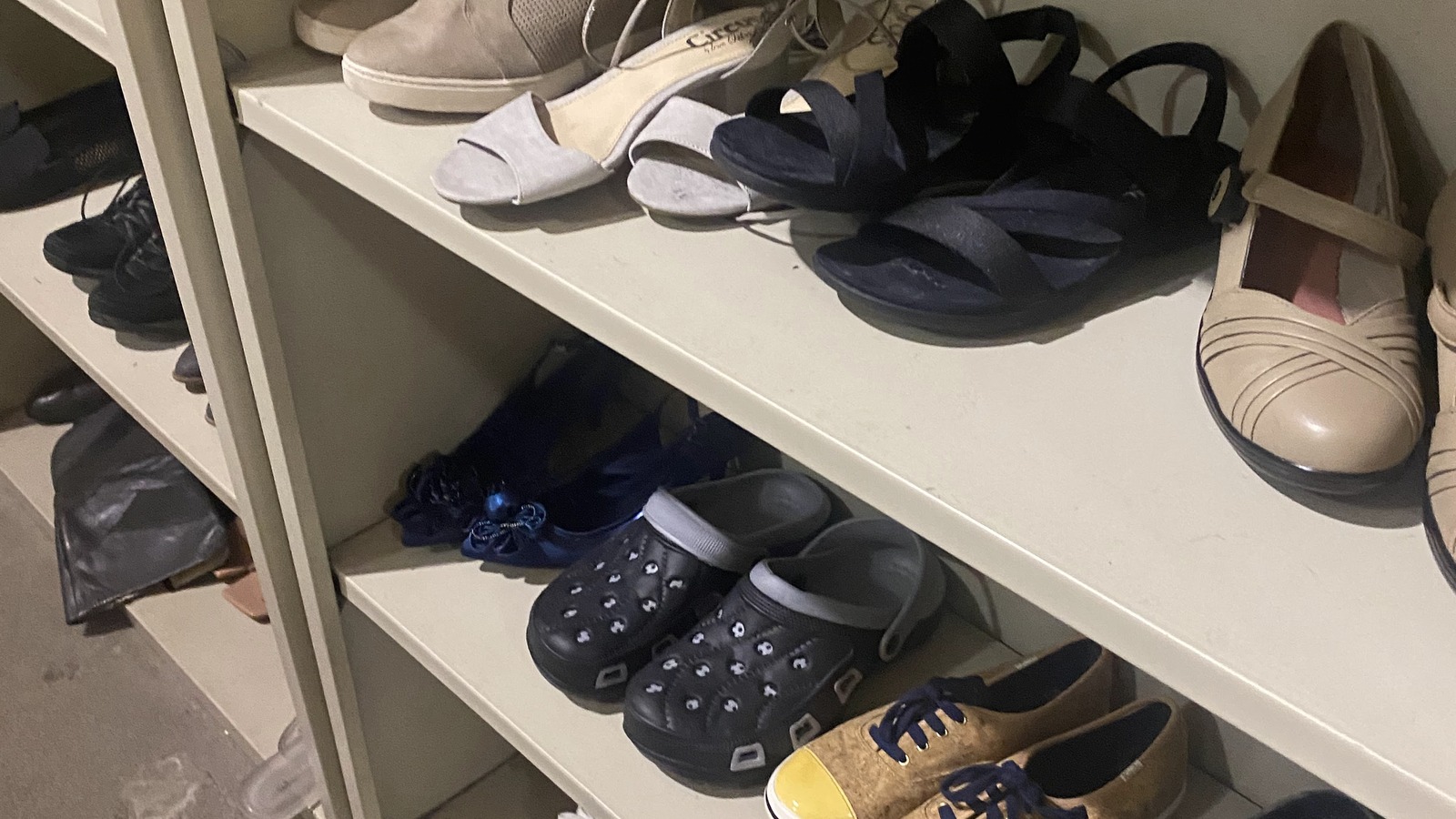 Shelves of secondhand shoes at Brown Elephant in Chicago
