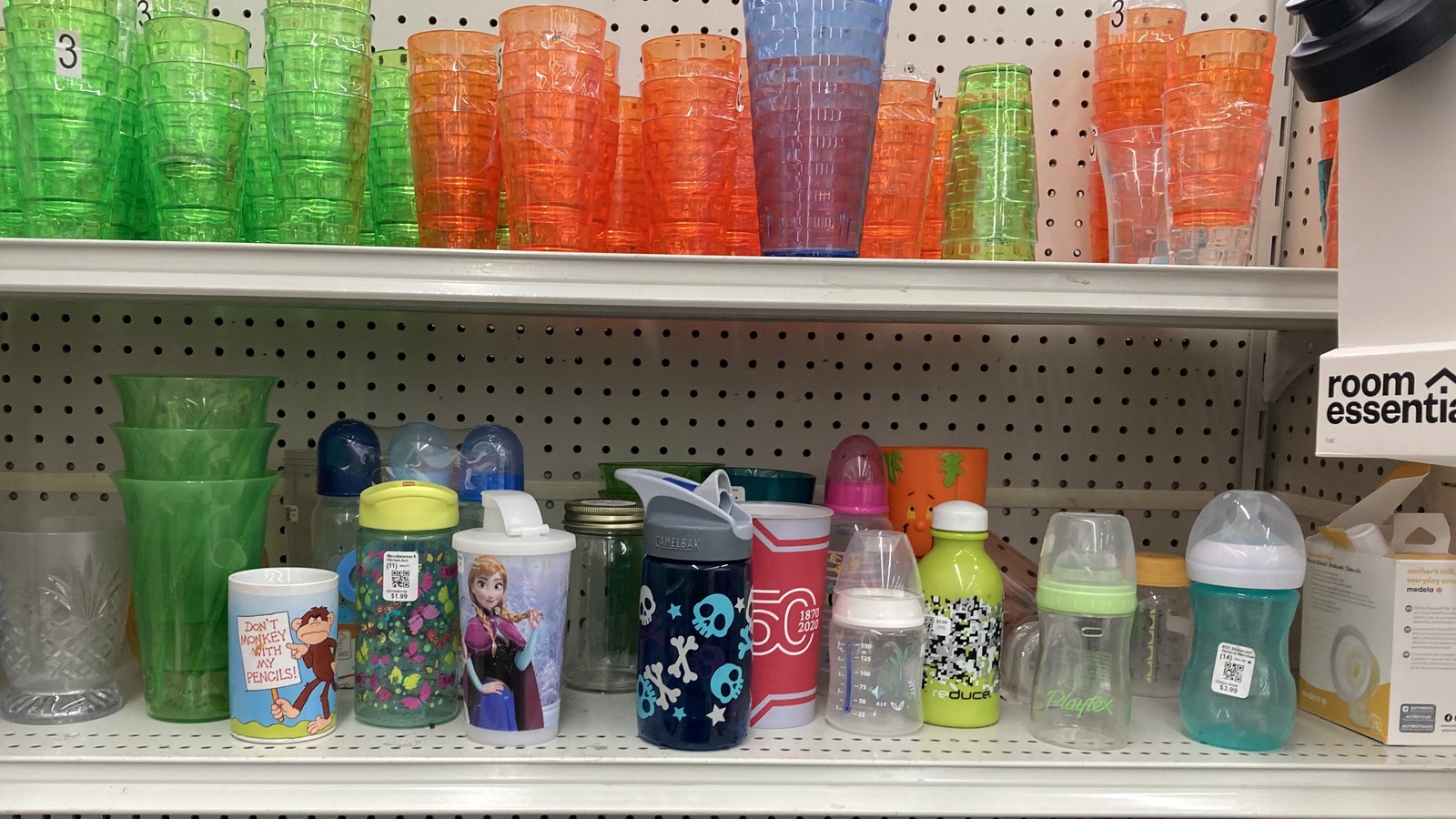 Colorful household supplies lined up on store shelves