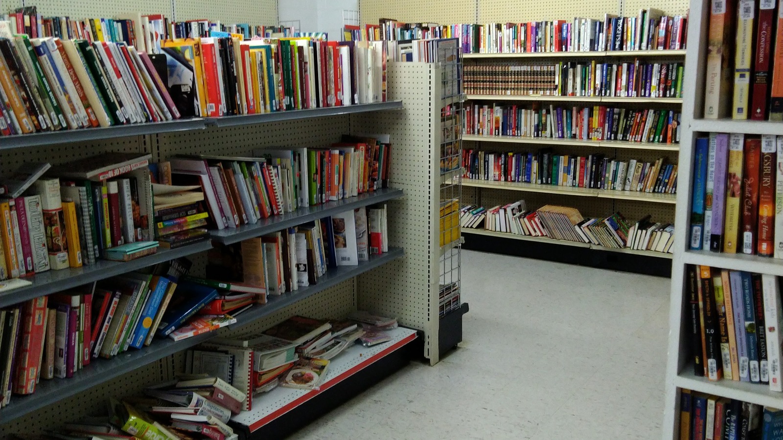 Books arranged by category on tall shelves at Ohio Thrift Store