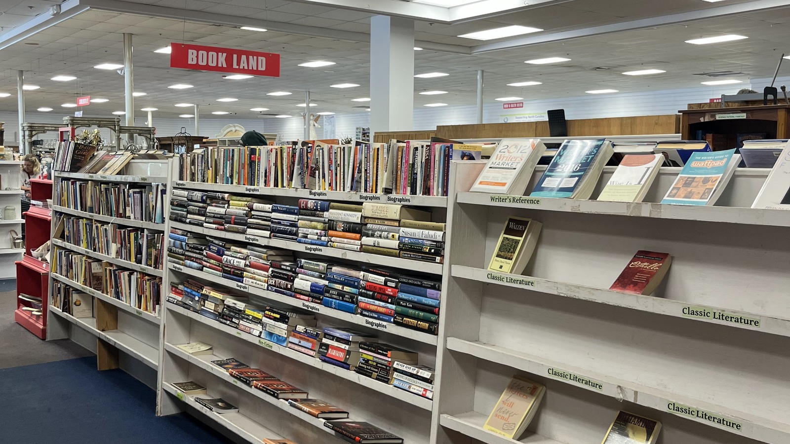 Bookland shelves filled with secondhand books in Fuquay-Varina