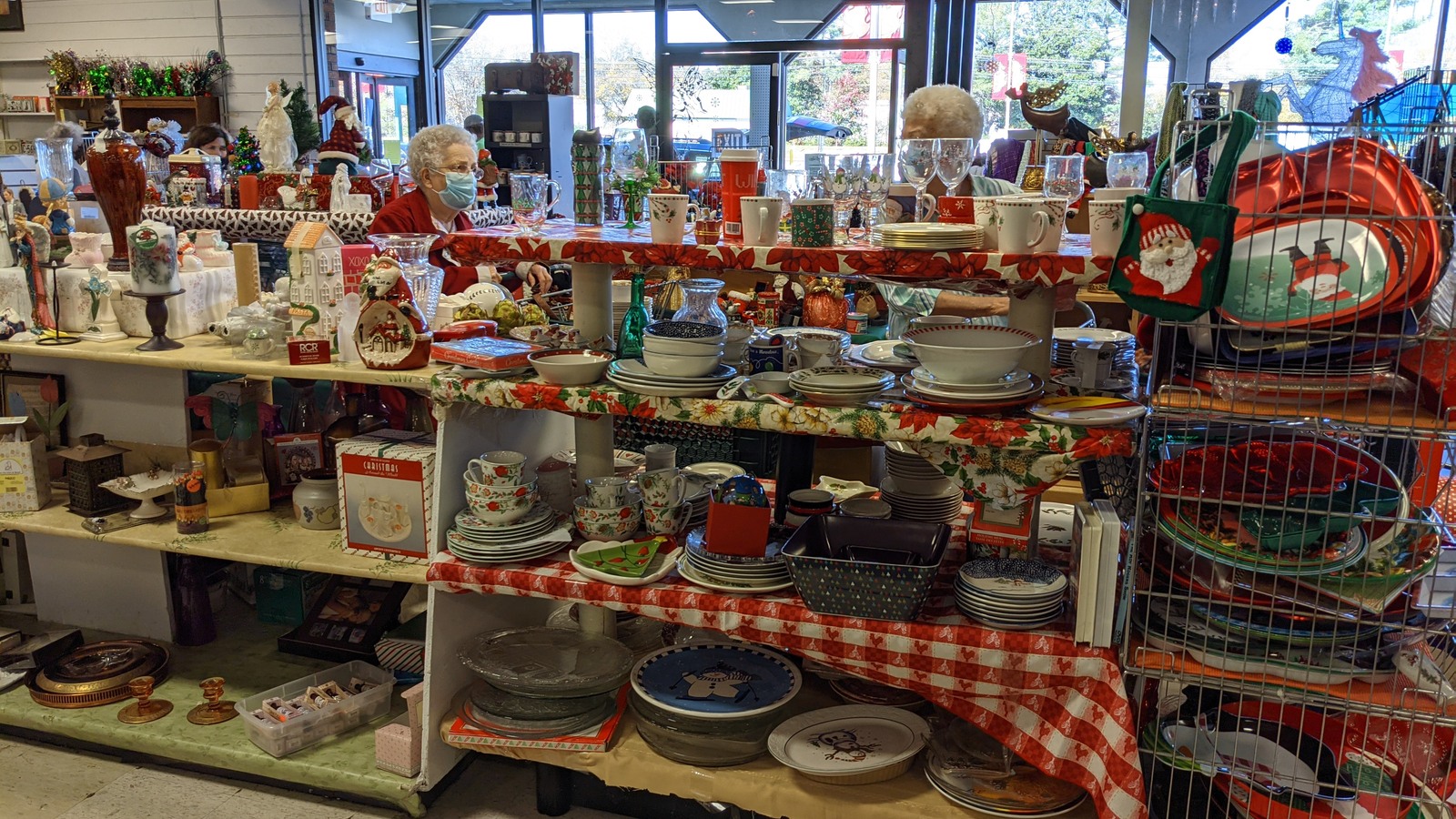 Seasonal decorations and housewares arranged on display shelves