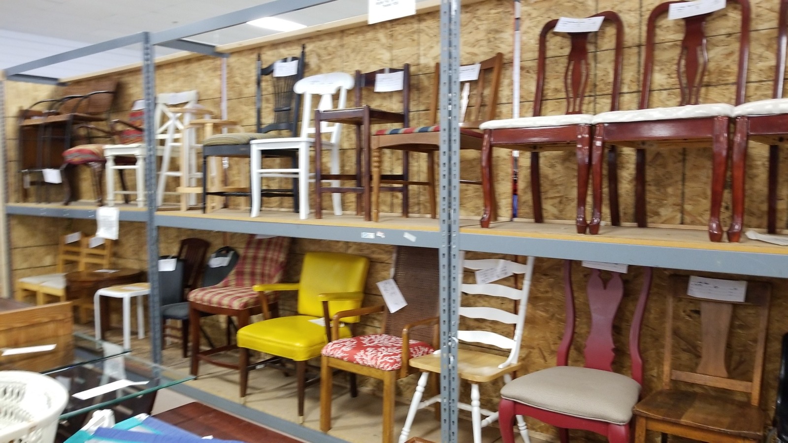 Wooden dining chairs lined up for comparison on the furniture floor