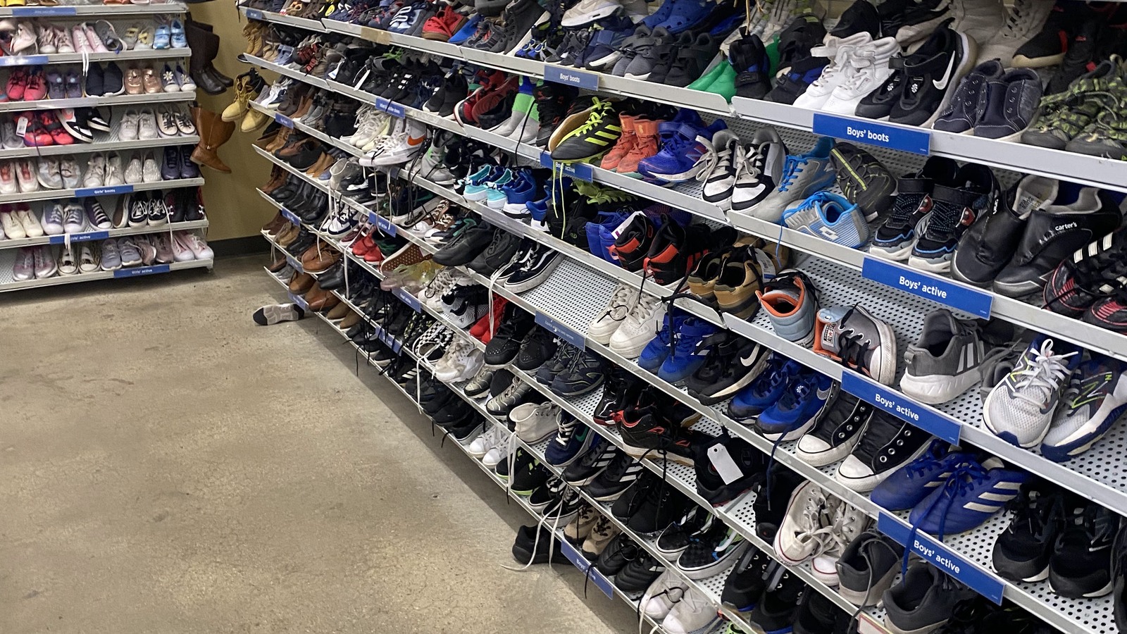 Athletic shoes filling a broad footwear aisle