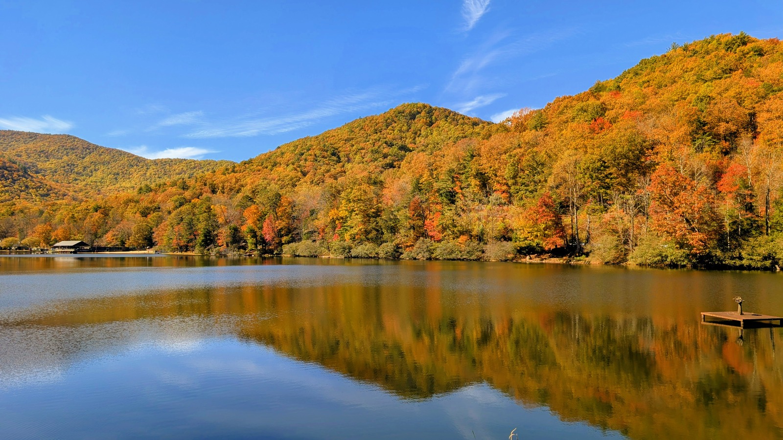 Autumn hills reflecting across Lake Trahlyta at Vogel State Park in Blairsville.