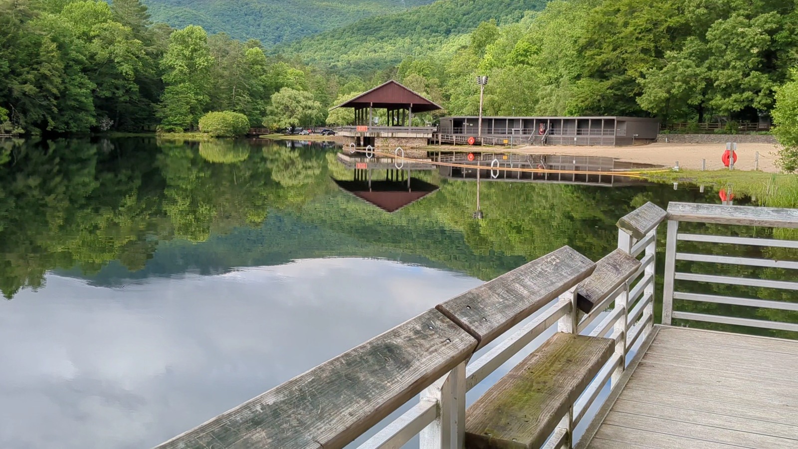 Boardwalk rail and lakeside pavilion at Vogel State Park in Blairsville.