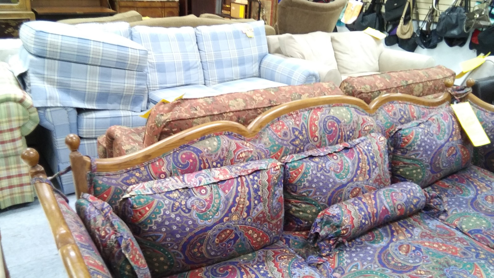 Colorful patterned sofas among the furniture selection