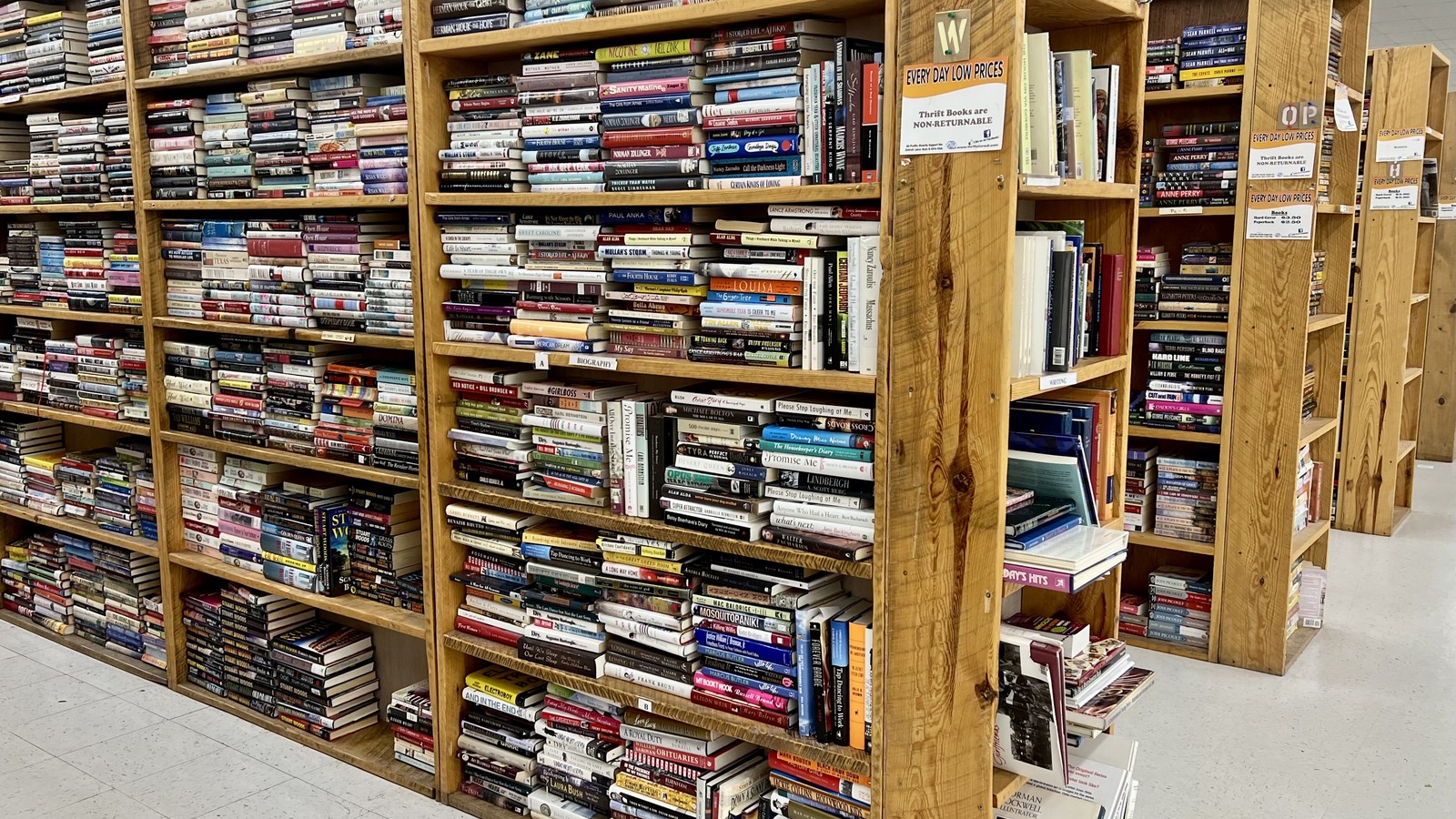 Tall shelves filled with used books at the Boys and Girls Club thrift store in Detroit Lakes