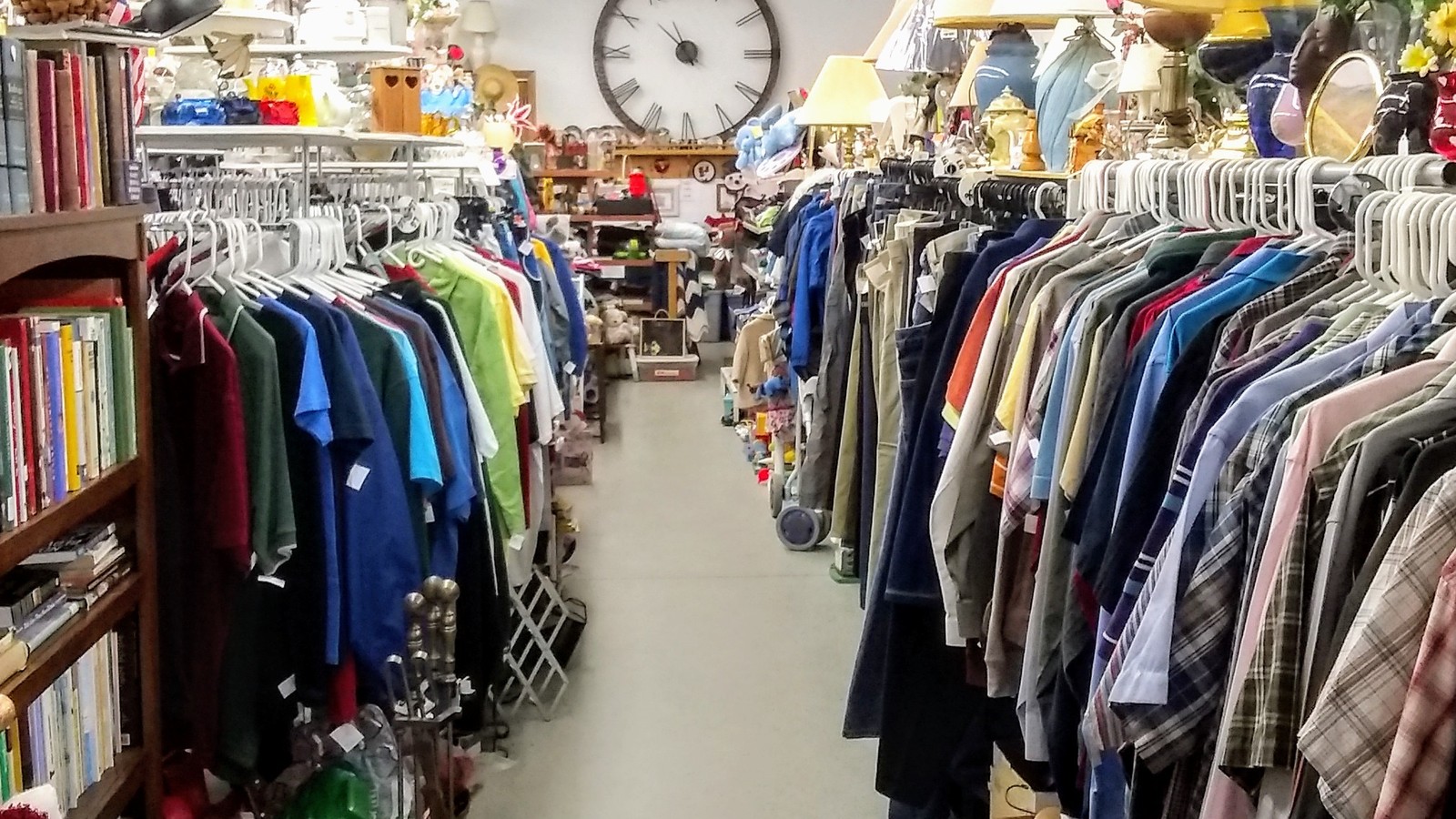 Clothing racks and household shelves inside the Adventist thrift store in Detroit Lakes