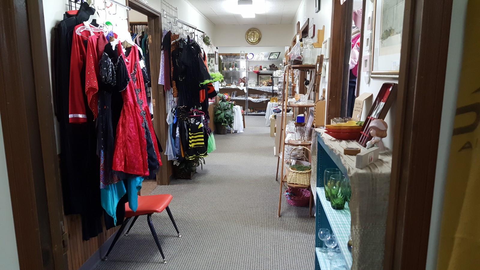 Clothing, decor, and household goods inside Twice Blessed in Frazee