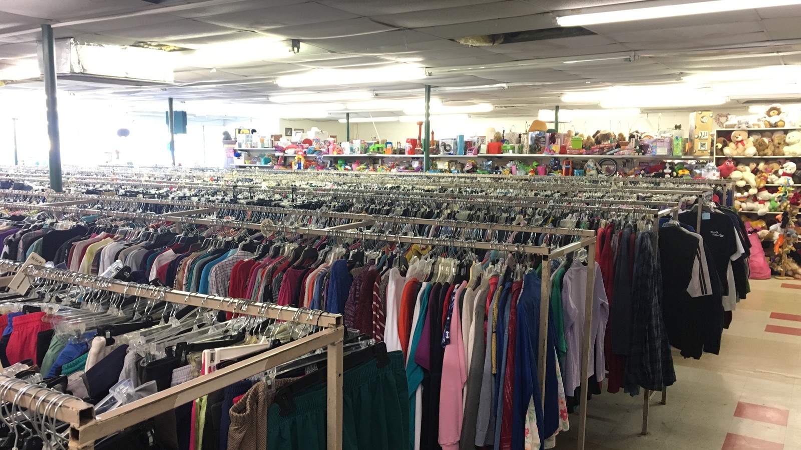 Long clothing racks across the Abundant Hope Ministries thrift store in Morristown