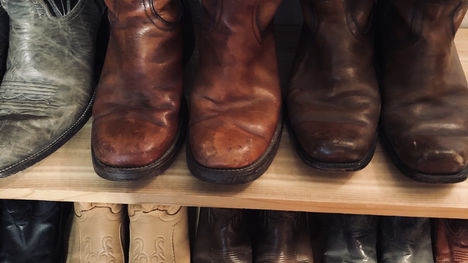 Rows of western boots at Deja Vu Thrift Store in Cody