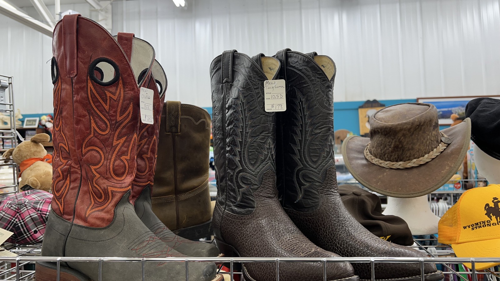 Cowboy boots and a western hat at Thrift on 16th in Cody