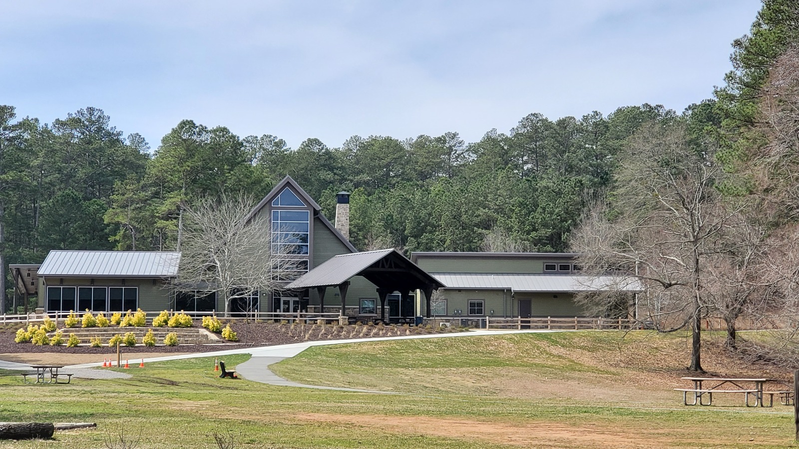 Large park building and open lawn at Red Top Mountain State Park.