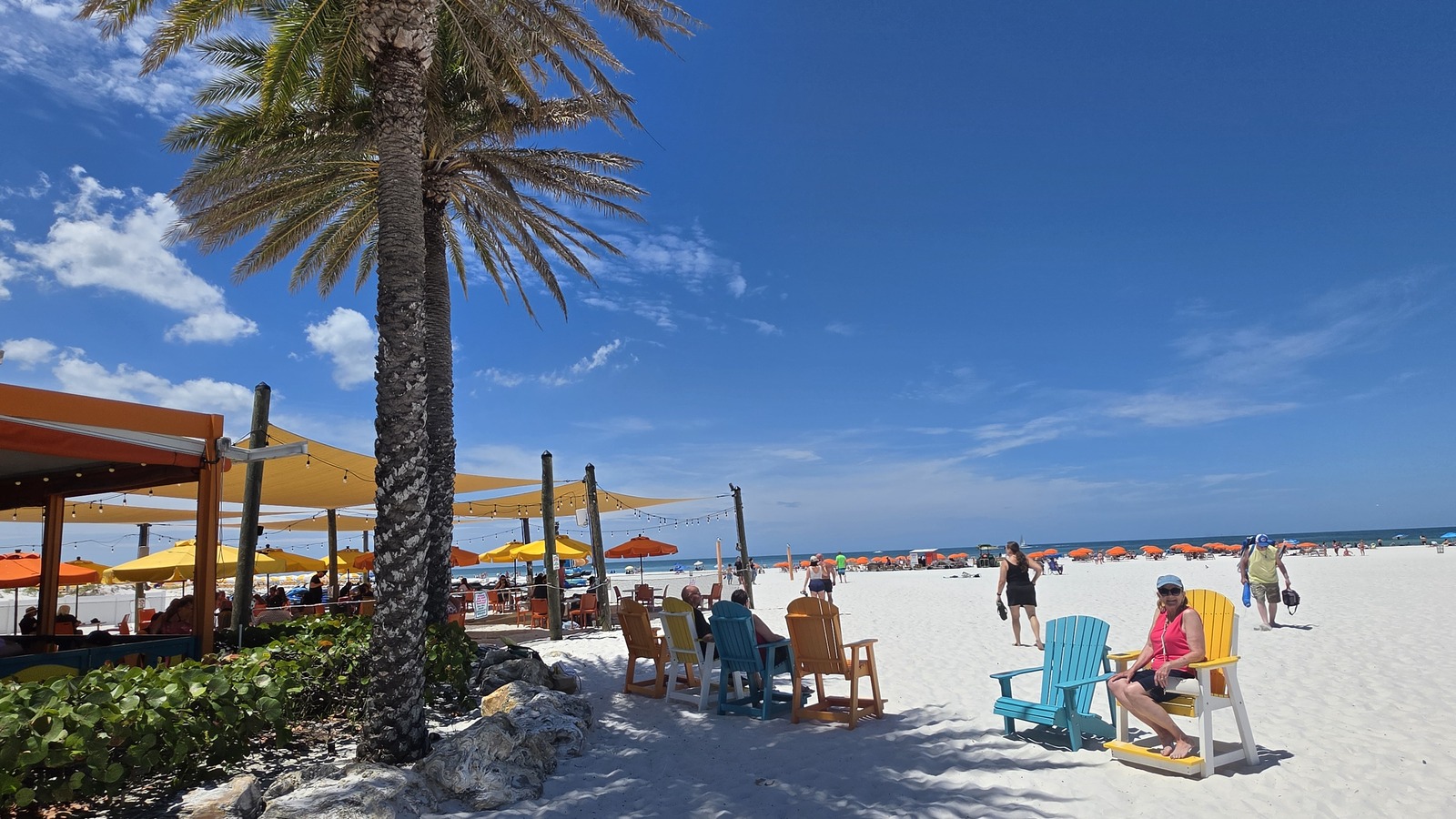 Palm tree, Adirondack chairs, and the beachfront dining area at Frenchy's Rockaway Grill