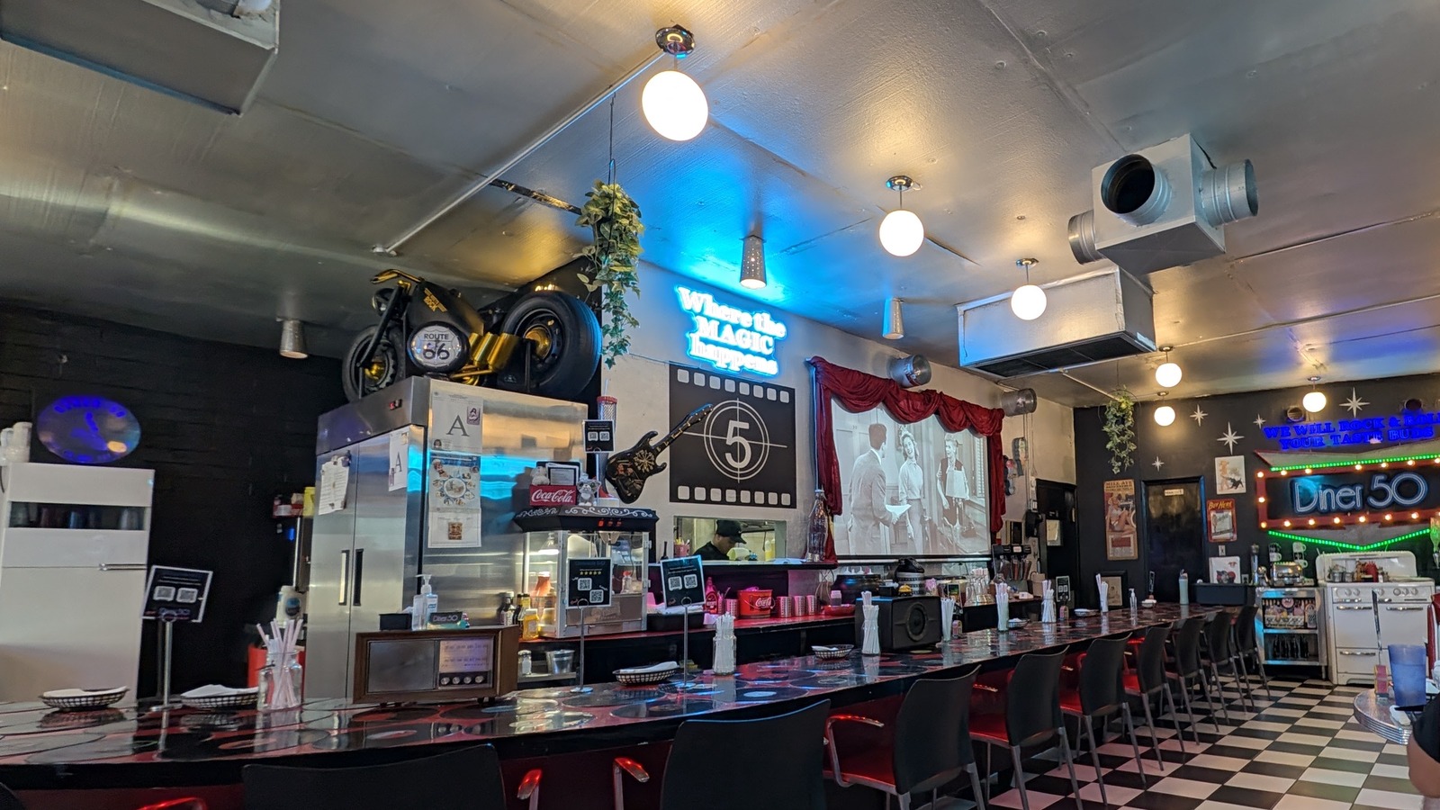 Checkerboard counter and retro decor inside Diner 50 in Phoenix