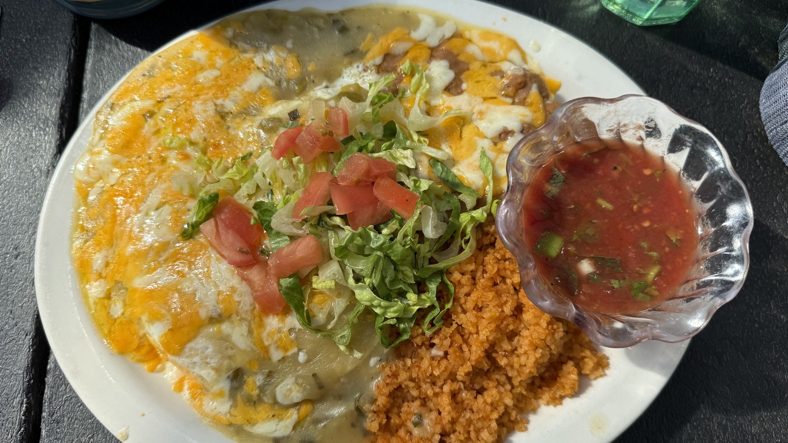 Southwestern breakfast plate with salsa and seasoned rice at Coffee Pot Restaurant