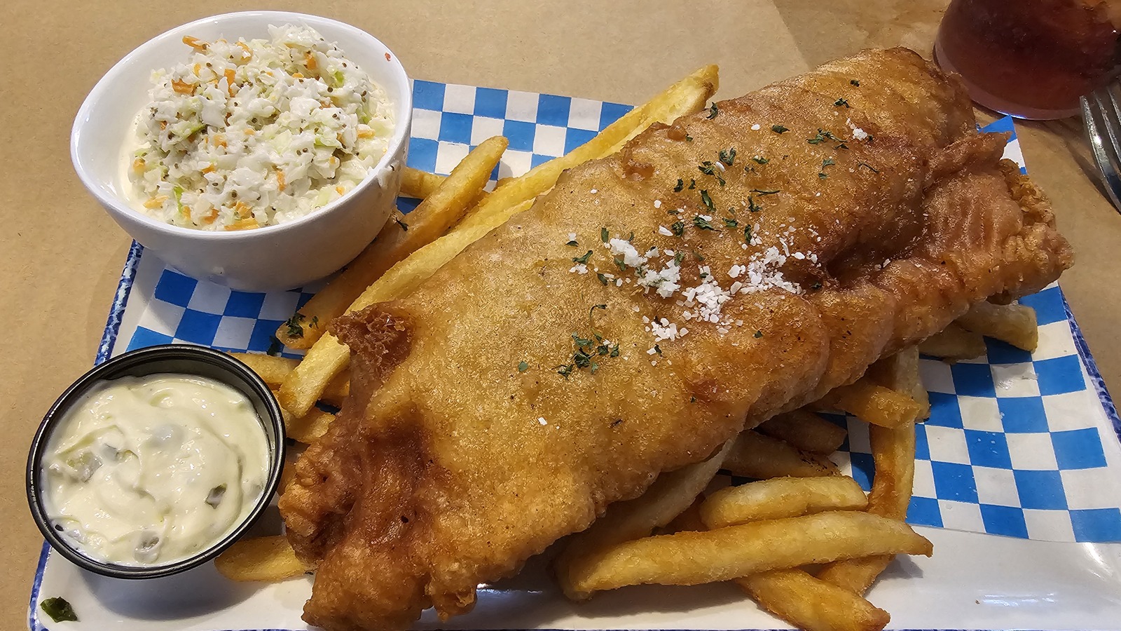 Fish and fries with tartar sauce and slaw at Rusty Bellies in Tarpon Springs