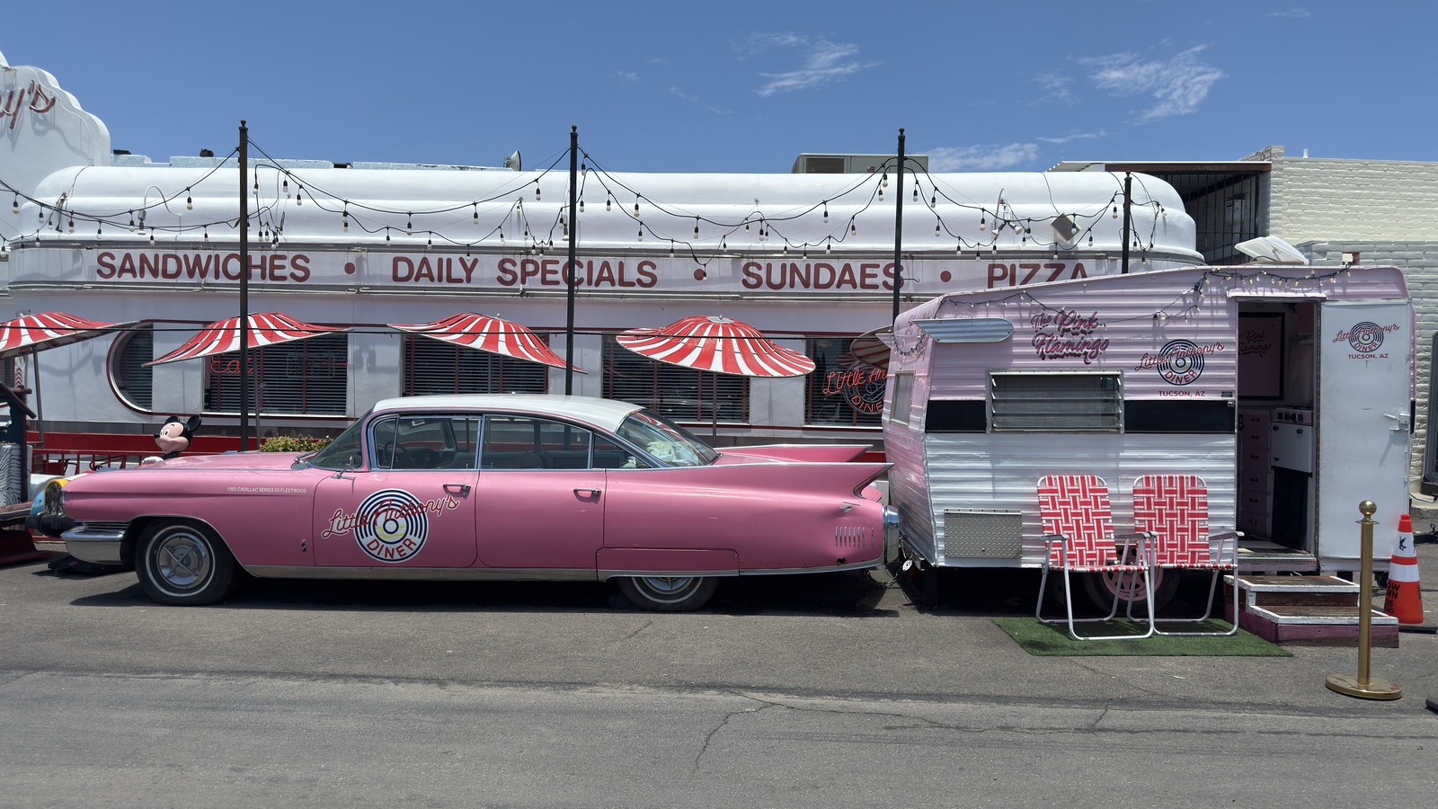 Pink Cadillac and pink camper outside Little Anthony's Diner in Tucson