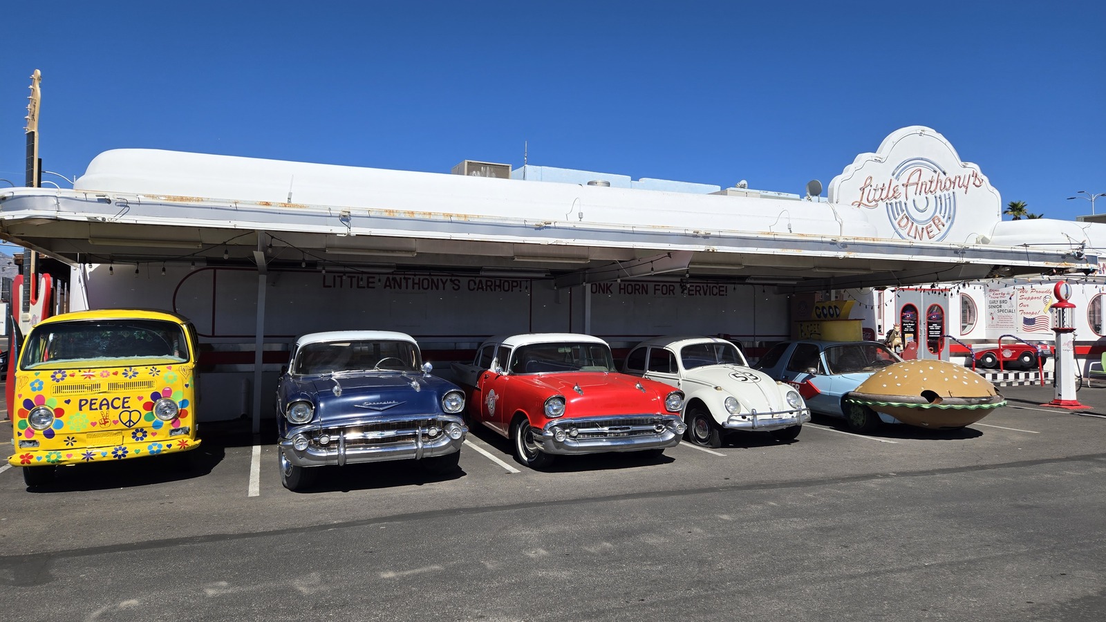 Retro facade and vintage car lineup at Little Anthony's Diner