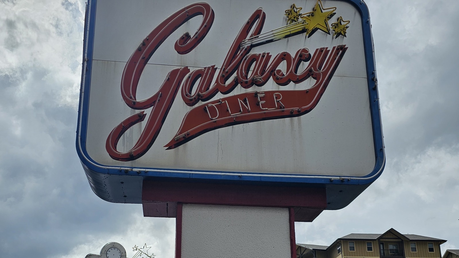 Galaxy Diner roadside sign rising over West Route 66 in Flagstaff