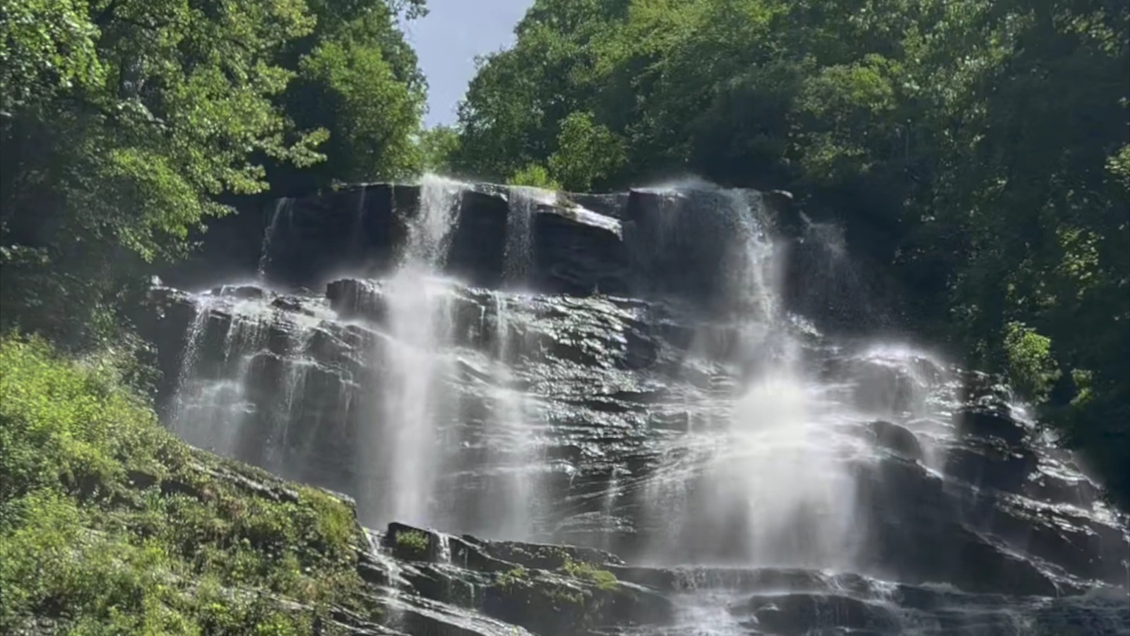 Sunlit upper section of Amicalola Falls