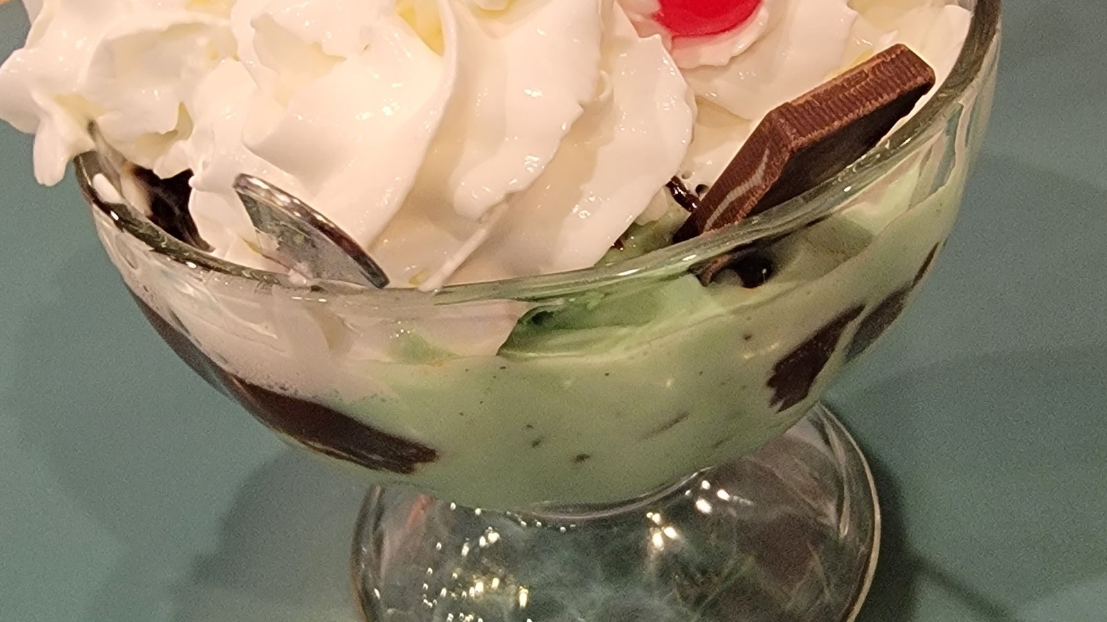 Mint sundae topped with whipped cream and chocolate at Randy's Restaurant & Ice Cream