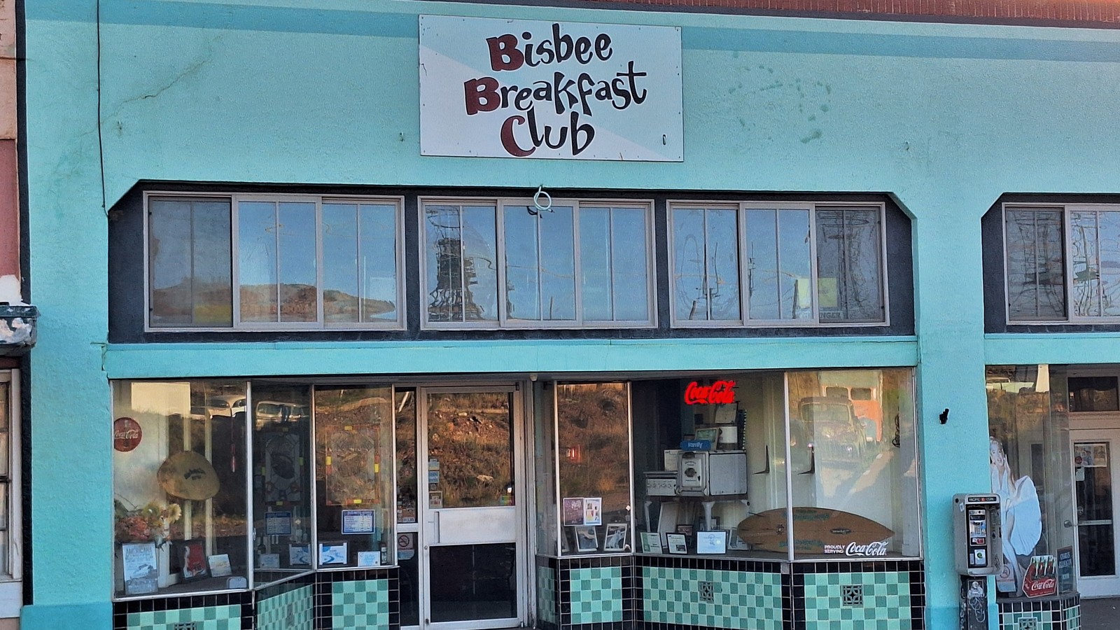 Turquoise Bisbee Breakfast Club facade in the historic Lowell district