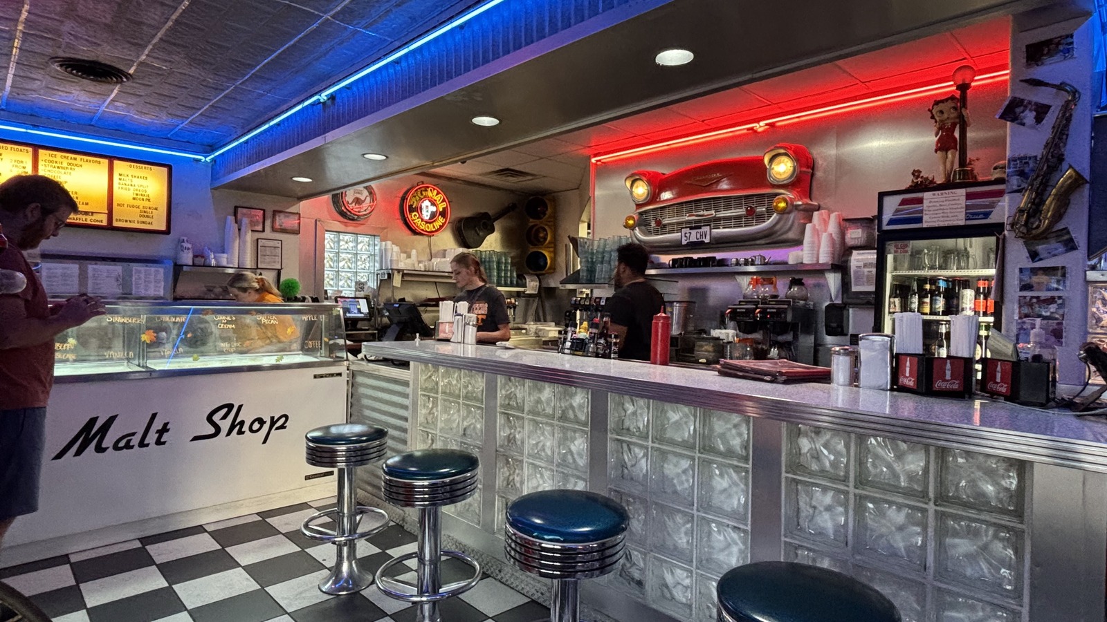 Malt shop counter with neon lighting inside Hot Rods 50's Diner