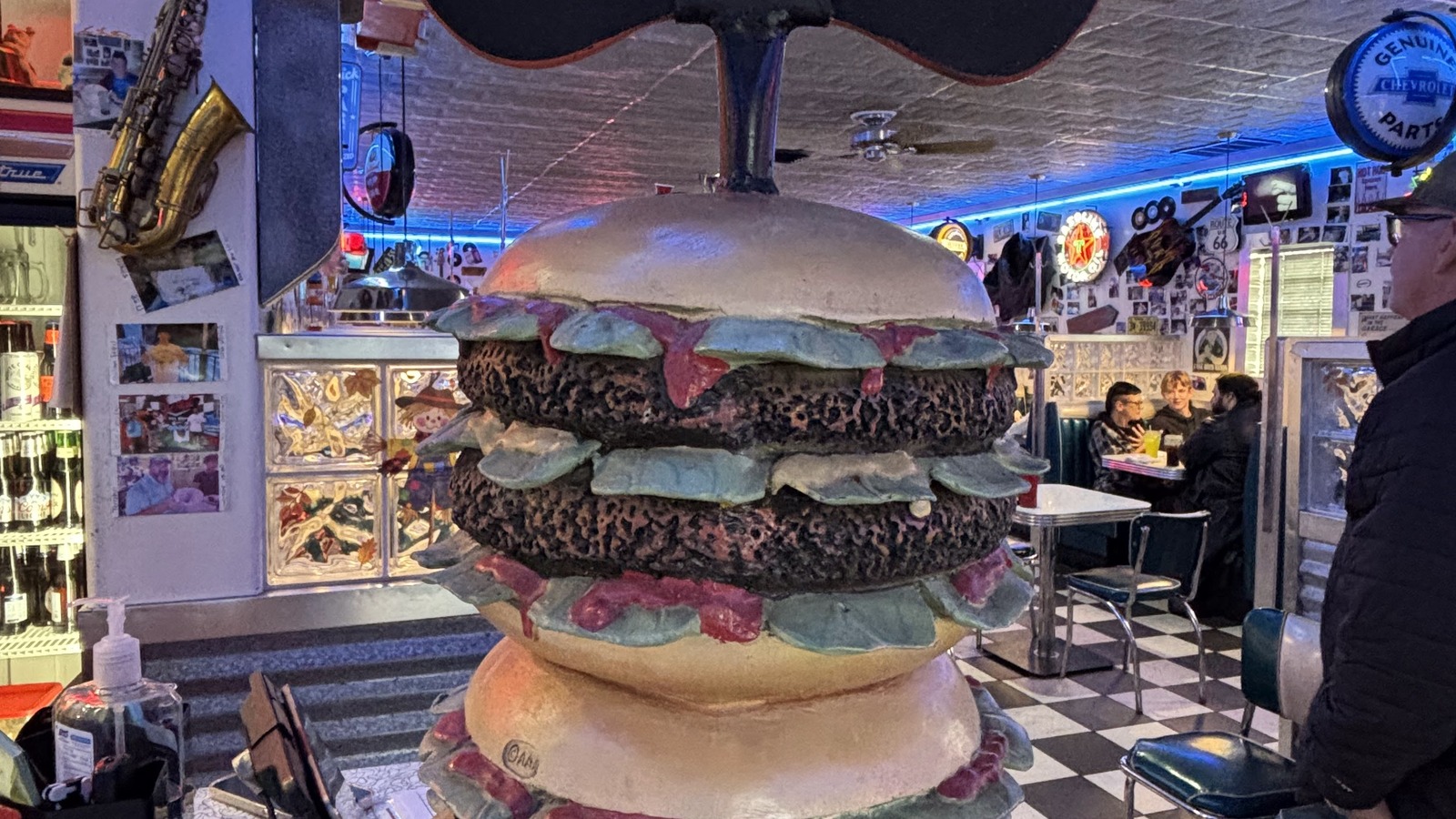 Towering burger display inside Hot Rods 50's Diner in Alcoa