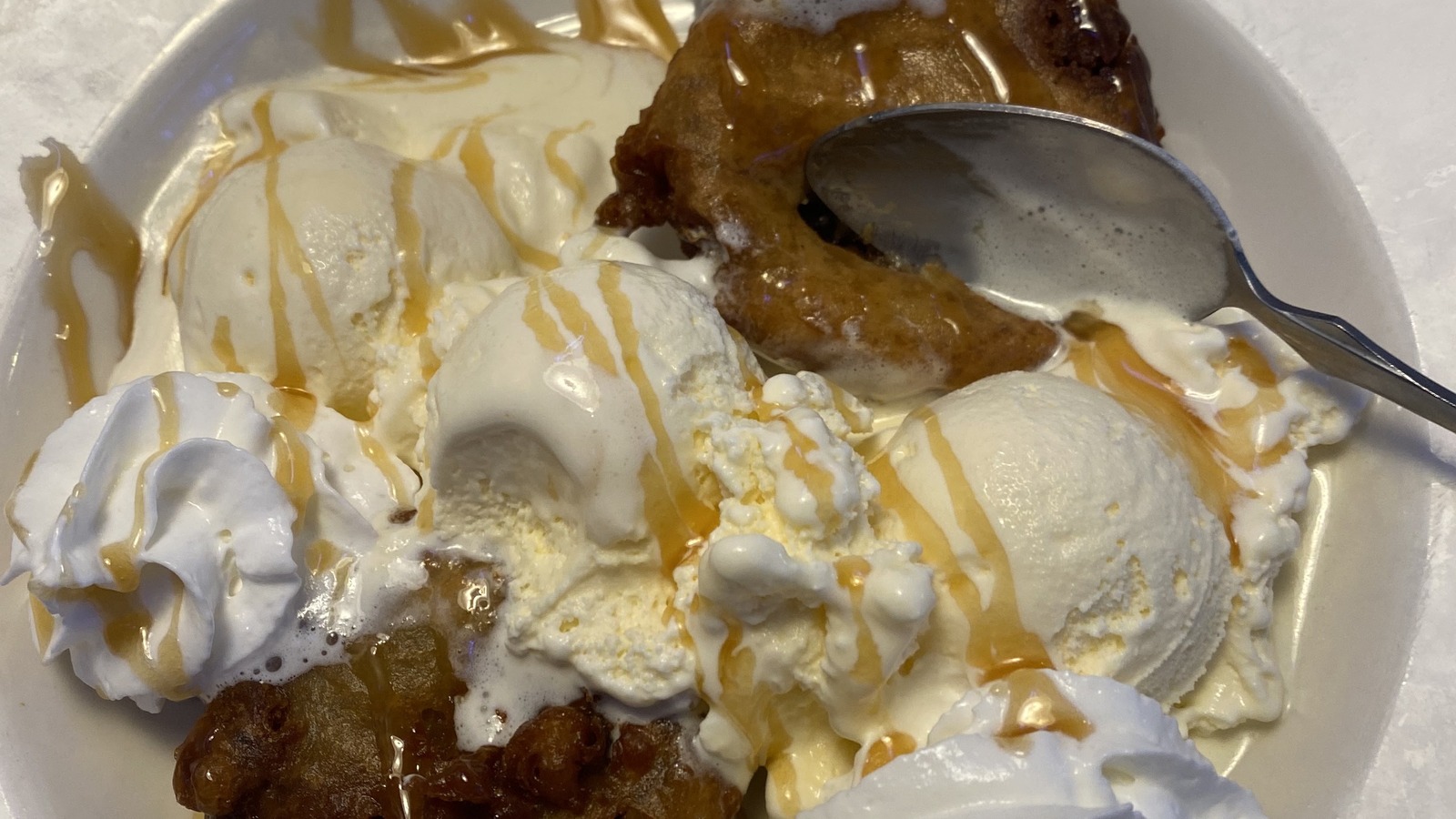 Fried banana split with vanilla ice cream and caramel sauce at Hot Rods 50's Diner
