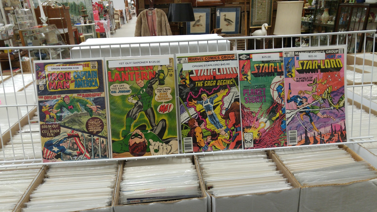 Long boxes of comic books with display copies at Vintage Treasures Antique Mall in Fort Wayne