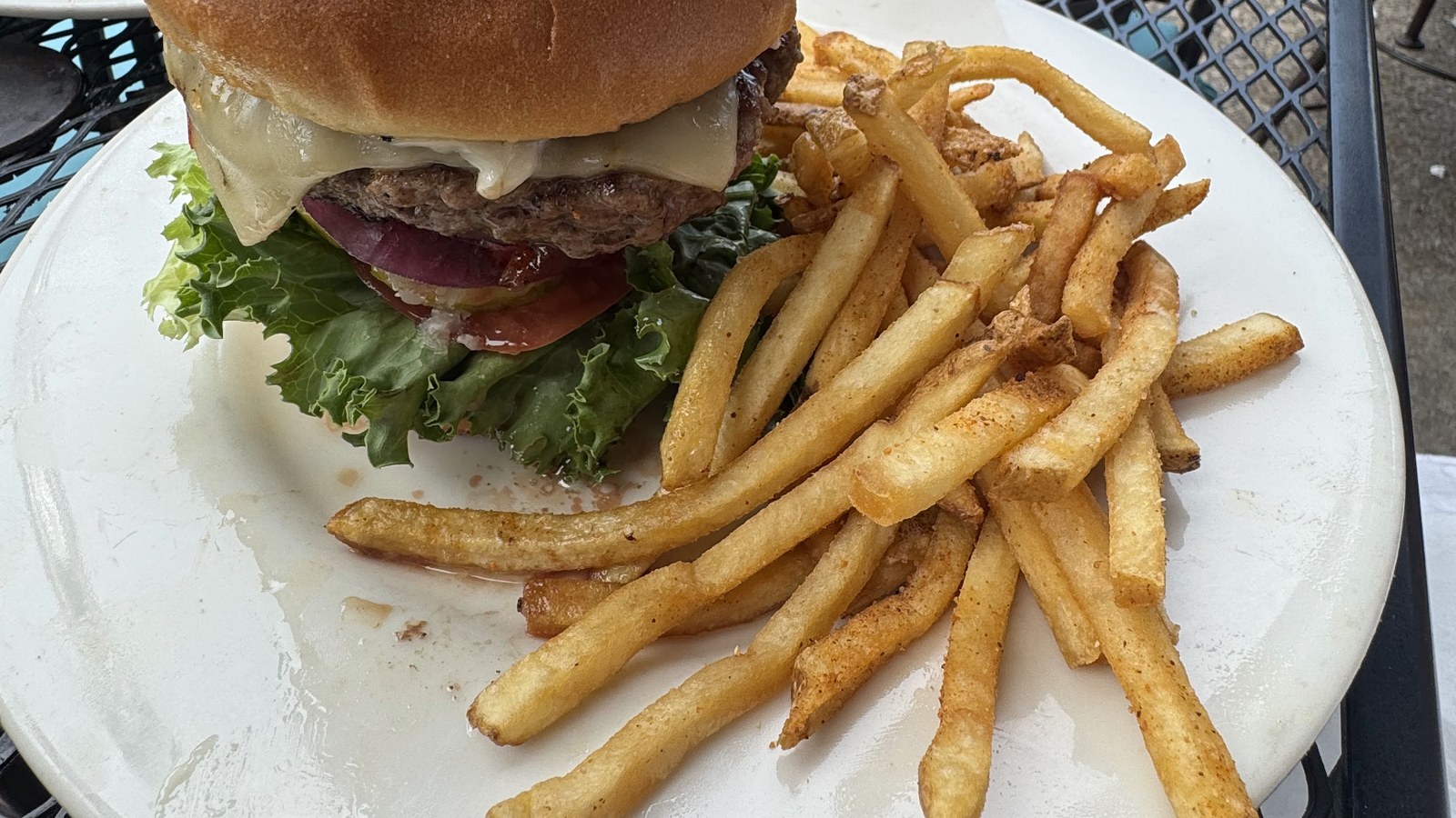 Burger, fries, and iced tea on the patio at Puckett's Restaurant in downtown Franklin