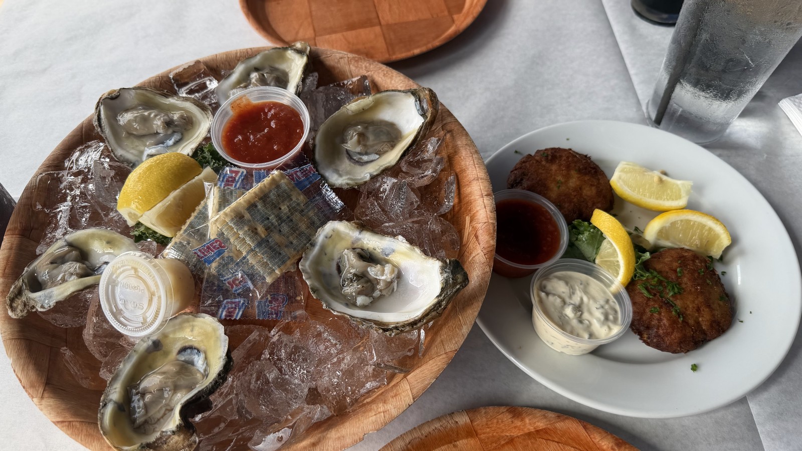 Oysters on ice with crab cakes at Rustic Inn Crabhouse in Fort Lauderdale