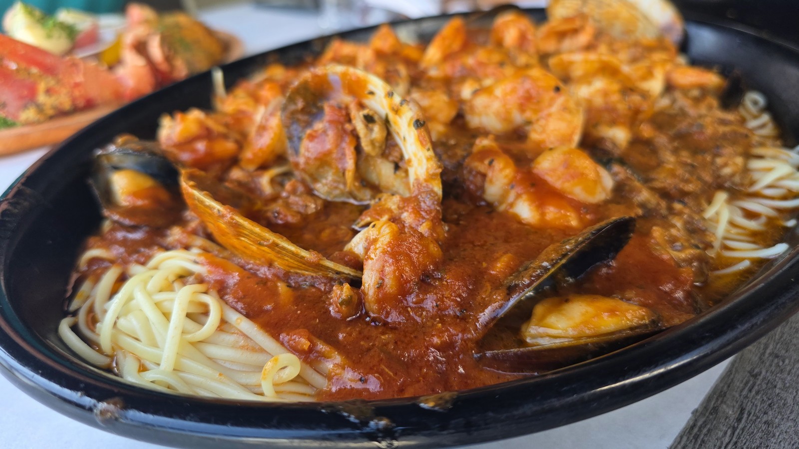 Seafood pasta with mussels and shrimp at Rustic Inn Crabhouse