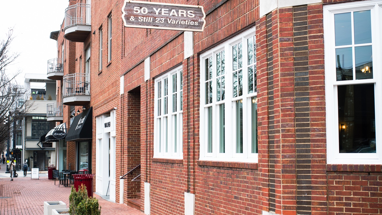 Brick frontage and white-trimmed windows at The Pancake Pantry in Hillsboro Village