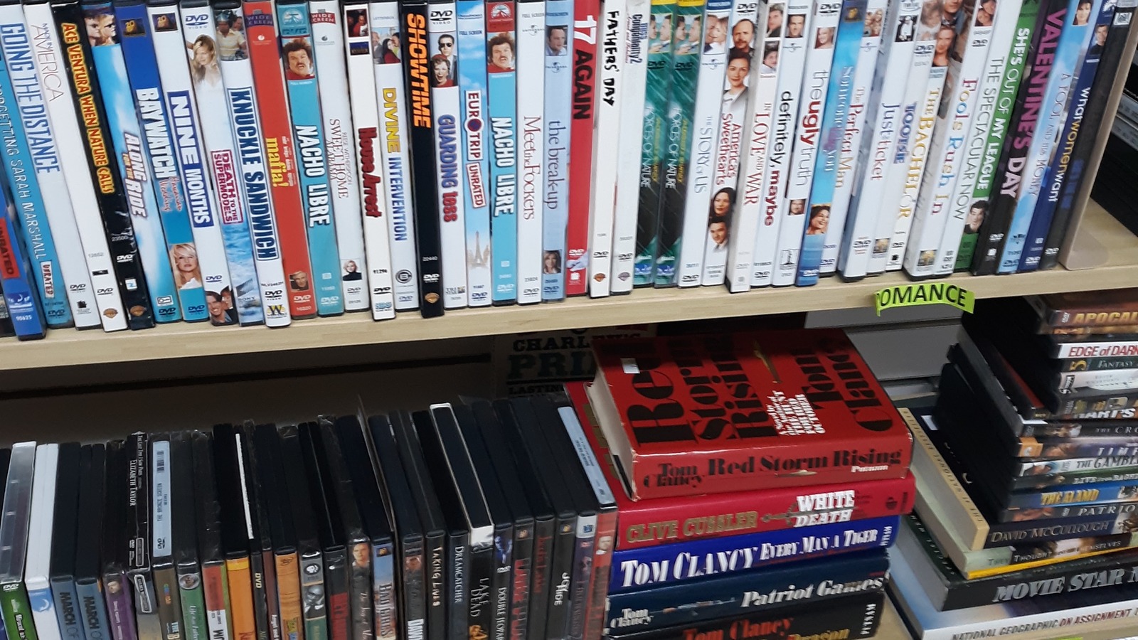 Records and media shelves at Green Scene Thrift Store in Erie