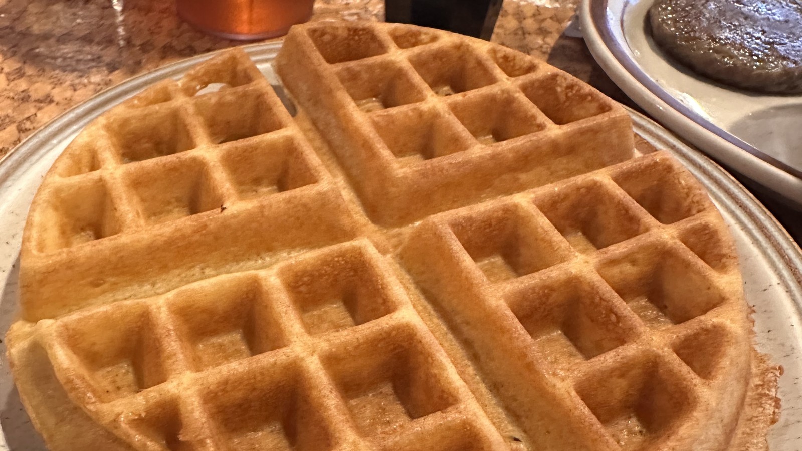 Golden waffle plate on a diner table at Trish's Mountain Diner