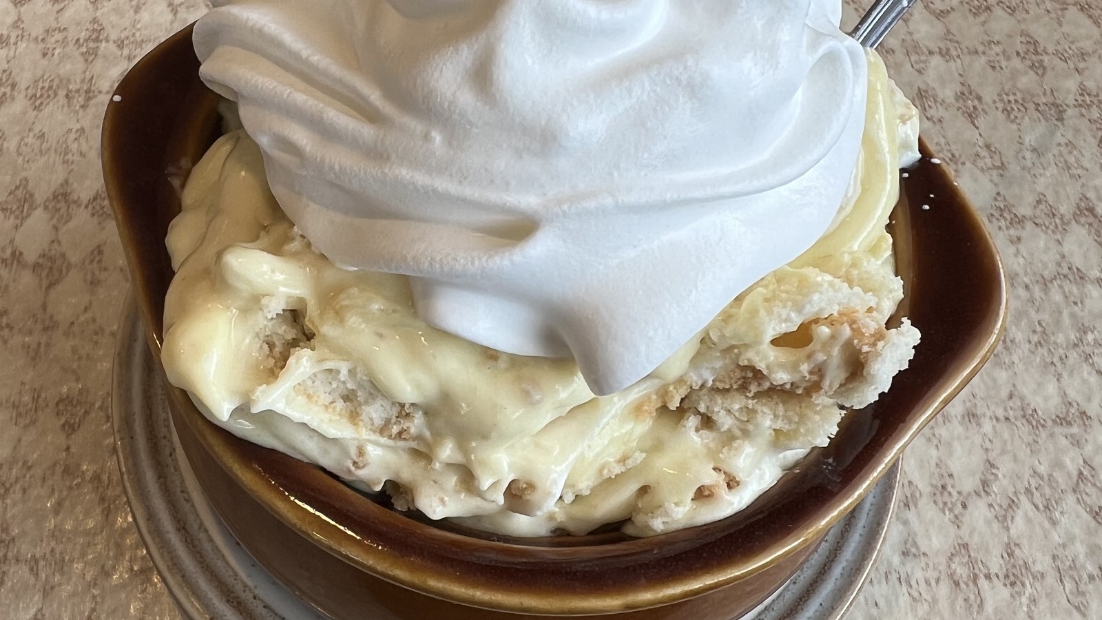 Banana pudding topped with whipped cream at Trish's Mountain Diner